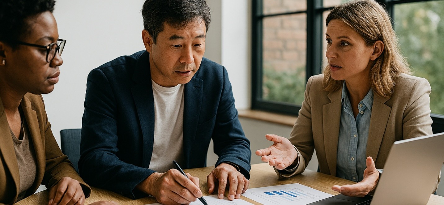 one man and two women engaged in a professional discussion at work