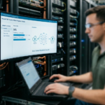 image of a person working on the screen with the servers in the background