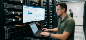 image of a person working on the screen with the servers in the background