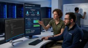 AI generated mage of a man and woman looking at a computer screen in a work environment