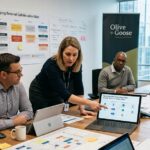 AI generated background image showing a meeting with olive and goose banners in background